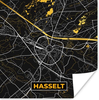 Poster Kaart - Goud - Plattegrond - Hasselt - Stadskaart - 100x100 cm XXL
