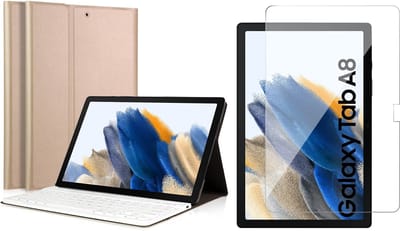Hoes met Toetsenbord en Screenprotector geschikt voor Samsung Tab A8 2021 / 2022 - Book Case Cover Hoesje Goud