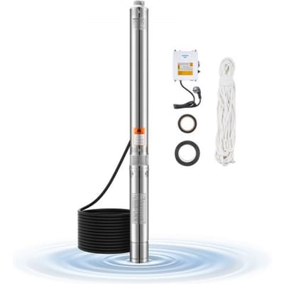VEVOR Diepwaterpomp, 750W ingangsvermogen, 65 l/min. Debiet, 64 m opvoerhoogte, met 20 m kabel, externe bedieningskast, roestvrijstalen waterpomp, voor industriële irrigatie en thuisgebruik, IP68