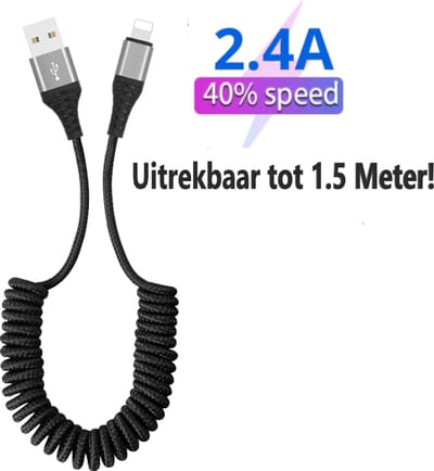 Krulsnoer USB Kabel - Uitrekbaar tot 150 CM - Geschikt voor Apple CarPlay, iPhone - Auto Kabels - Snoer