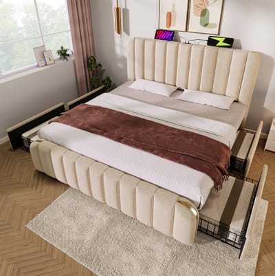 MEUNIQ gestoffeerd tweepersoons bed 180x200 cm met USB en USB-C, hoofdbord, 4 lades, lattenbodem en opbergruimte voor slaapkamer, beige