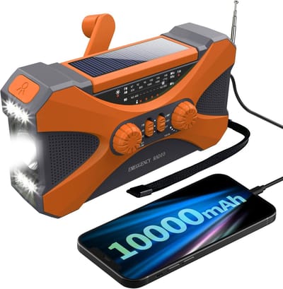 Noodradio - Noodradio's - Draagbare noodradio - 10000mAh Zonnesolar handkraan, AM/FM/WB/NOAA Weerradio, meerdere oplaadbronnen, LED zaklamp, leeslamp, telefoonlader, SOS-alarm, koptelefoonjack (Oranje)