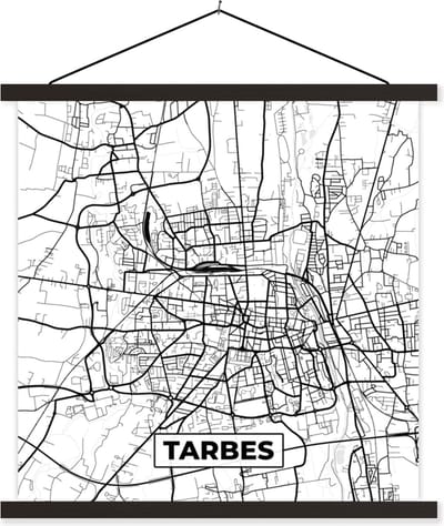 Posterhanger incl. Poster 60x60 cm - Schoolplaat - Kaart - Tarbes - Frankrijk - Stadskaart - Plattegrond - Zwart wit - Textielposter - Zwarte latten - Stadskaart