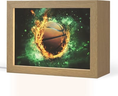 Nachtlampje 20x15 cm - Kinder lampje - Basketbal - Vuur - Vlammen - Groen - Tafellamp kinderkamer - Slaapkamer lamp - Bedlamp kinderen - Kinderlampje stopcontact - Wandlamp babykamer - Nachtlampjes