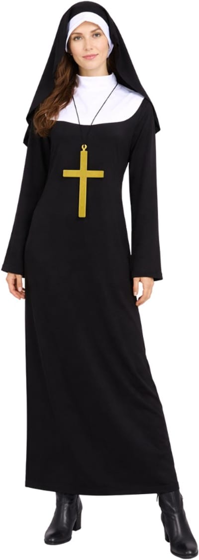 Joya Party® Non Verkleed Kostuum Dames | Luxe Nonnen Jurk met Kap & Kruis | Stretch & Ondoorzichtig | Carnaval, Themafeest & Halloween | Verkleedkostuum Vrouw | Maat S