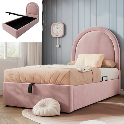 Kinderbed 90x200 cm met opbergruimte, gestoffeerd eenpersoonsbed, metaal + fluweel + massief hout, roze, voor jongens en meisjes