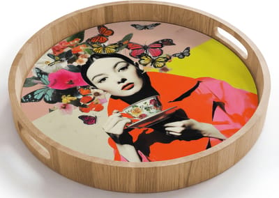 Dienblad rond 40x40 cm - Schootdienblad hout - Retro - Vrouw - Kopje - Vlinders - Borrelplank rechthoek - Plateau houten dienbladen