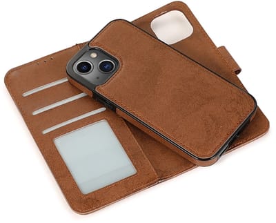geschikt voor iPhone 14 Plus 2-in-1 Hoesje met Magnetische Backcover - Telefoonhoesje met vakjes voor pasjes - Inclusief polsbandje - Mobiq Magnetische 2-in-1 Wallet Case geschikt voor iPhone 14 Plus bruin