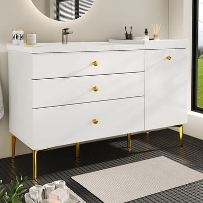 Badmeubel - Wastafelmeubel met Keramische Wastafel - Schubladen en Kast - Wit met Goud