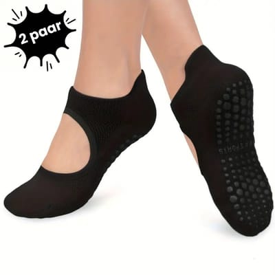 Anti-Slip Yoga & Pilates Sokken voor Dames - 2 Paar - Zwart - Boogondersteuning - Ademende Open Sokken met Gripzool voor Extra Stabiliteit & Comfort - Ideaal voor Pilates, Yoga, Ballet, Dans, Barre & Fitness