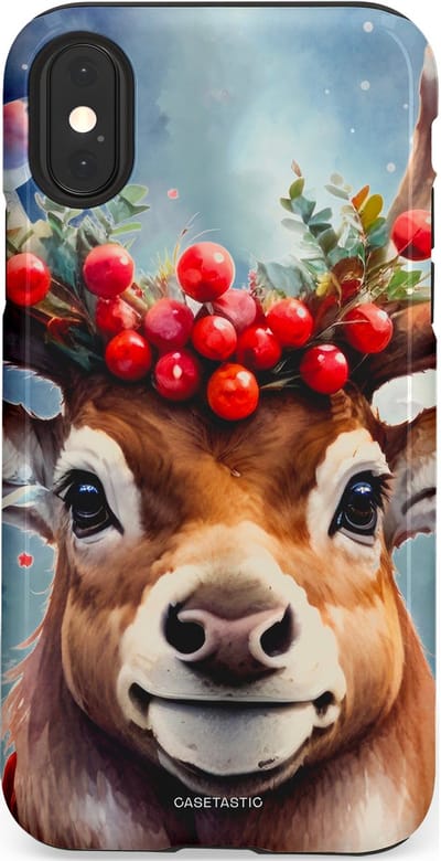 Casetastic hoesje geschikt voor Apple iPhone X / Apple iPhone XS - Dubbellaagse bescherming - Rudolph het Kerst Rendier - Fashion Case - Zilver Taupe Donkergrijs Perzik