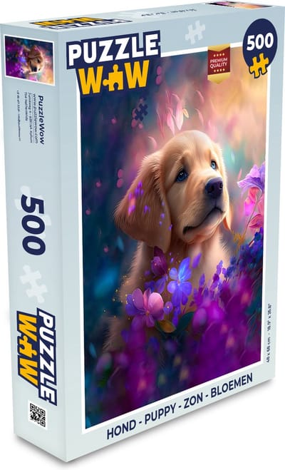 Puzzel Hond - Puppy - Zon - Bloemen - Golden retriever - Legpuzzel - Puzzel 500 stukjes