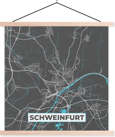 Posterhanger incl. Poster 40x40 cm - Schoolplaat - Duitsland – Blauw – Schweinfurt – Stadskaart – Kaart – Plattegrond - Textielposter - Blanke latten - Stadskaart