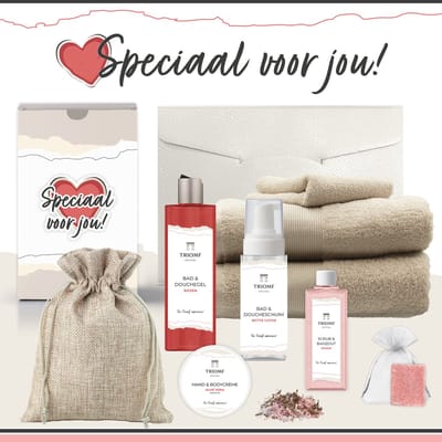 Geschenkset “Speciaal Voor Jou!” - 9 producten - 1940 gram - Triomf Cosmetica | Giftset voor haar Cadeau Valentijnsdag Luxe wellness cadeaubox Vrouw Ik hou van jou Cadeaupakket Kerst Geschenk Set Pakket Verjaardag Gift Valentijn Vriendin Rood Beige