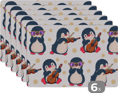 Placemat - Placemats kunststof - Pinguïn - Muziek - Gitaar - Kinderen - Patroon - 45x30 cm - 6 stuks - Hittebestendig - Anti-Slip - Onderlegger - Afneembaar