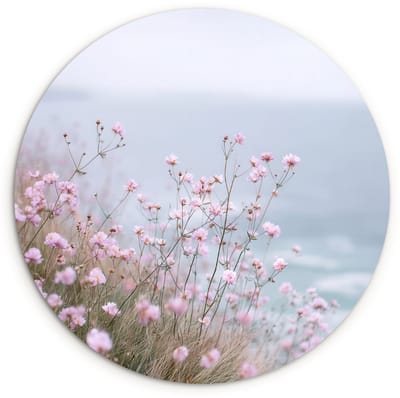 WallCircle® Wandcirkel 120x120 cm - Muurcirkel Klif - Bloemen - Zee - Roze - Muurdecoratie woonkamer - Wanddecoratie slaapkamer - Kamer decoratie accessoires - Ronde schilderijen XXL