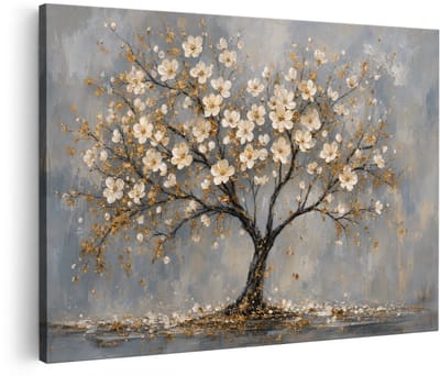 Artaza Canvas Schilderij Abstracte Boom Met Bloemen - Goud En Wit - 60x40 cm - Wanddecoratie Woonkamer - Schilderijen - Muurdecoratie