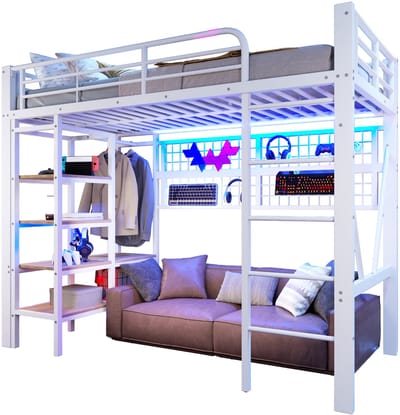 Hoogslaper 90 x 200 cm - met opbergruimte - inclusief ophangnet - met kledingstang - met LED-verlichting - zonder matras - wit