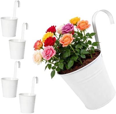 Hangbloempotten voor buiten, set van 4, 16 cm hoog, 26 cm, met afneembare beugel en afvoergat, voor balkon, leuning, terras, verzinkt ijzer, weerbestendig, stabiel (wit)
