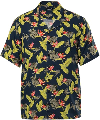 Men Plus - Heren - Viscose-overhemd korte mouw Cubaanse kraag all-over print - Navy blauw - Maat L