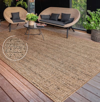 Flycarpets Aamber Jute Buitenkleed - Naturel / Zwart - Buitentapijt - Campingkleed - Vloerkleed buiten - Tuintapijt - 240x340 cm