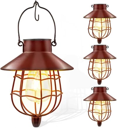 Solar Tuinverlichting - Solar Lantaarn – Waterdichte Buitenlamp – Metalen Hanglamp met Warm Wit Licht – Zonne-energie Tuinlamp voor Patio - Terras en Tuindecoratie - 4 stuks