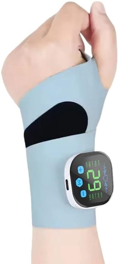 Oplaadbare, verstelbare elektrische polsmassager, ergonomische 360° ondersteuning, draagbaar, draadloos handverwarmingskussen met 8 standen en 30 intensiteitsniveaus voor verlichting van handpijn, magnetisch afneembaar apparaat (blauw)