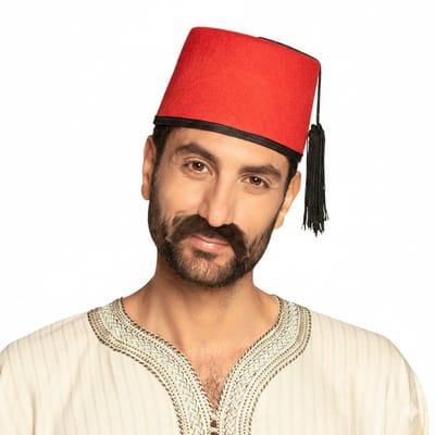 Boland Party Arabische Marokkaanse verkleed set - Fez hoedje rood - en nepsnor in het zwart - Arabieren