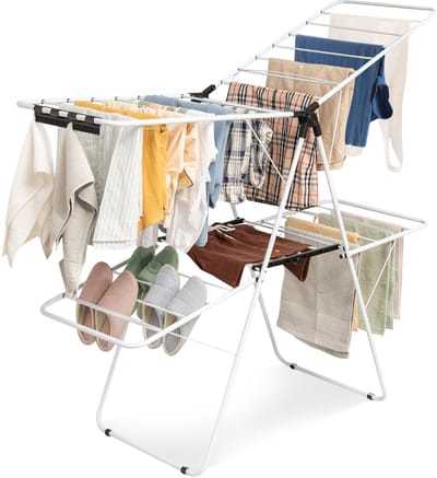 COSTWAY Opvouwbaar wasrek 2-traps, wasdroger met in hoogte verstelbare vleugels en antislip voeten, vleugeldroogrek, stalen frame, vleugelwasrek, staand droogrek, wit