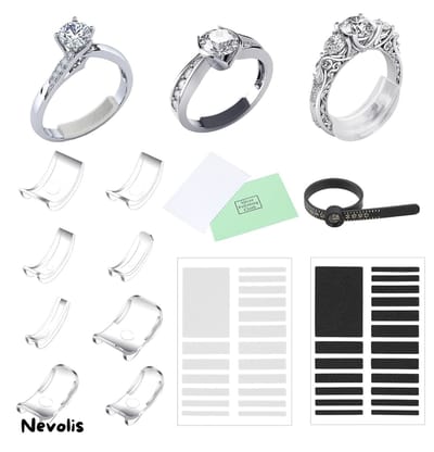 Nevolis® 8-delige set onzichtbare ringmaatkleiner, transparante ringverkleiners, siliconen afstandhouders, polijstdoek en meetgereedschap, voor dunne ringen van dames en heren in verschillende maten - Ring verzorgingsset