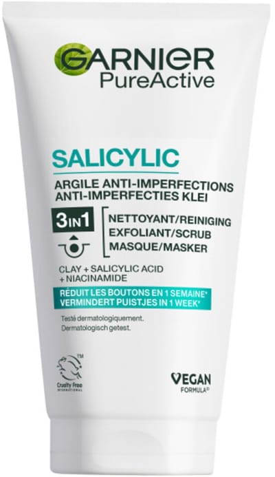 Garnier PureActive 3-in-1 Reiniging Scrub Masker met Klei Argile & Niacinamide - Tegen puistjes en onzuiverheden - 2 x 150ml - Voordeelverpakking