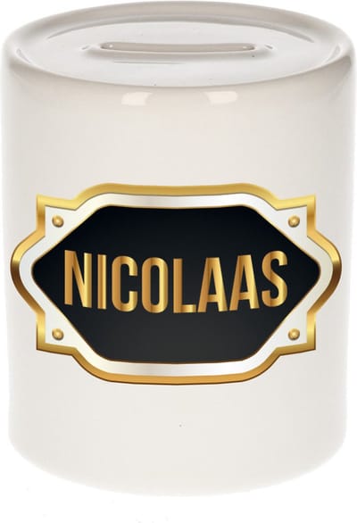 Spaarpot met voornaam Nicolaas - wit - met goud/zwart embleem - 8 x 9 cm - keramiek - met afsluitdop - cadeau verjaardag