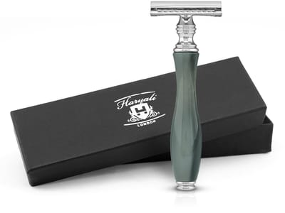 Haryali London Classic Double Edge (DE) veiligheidsscheermes chroom met gesloten kam voor dames en heren, inclusief 5 mesjes (grijs)