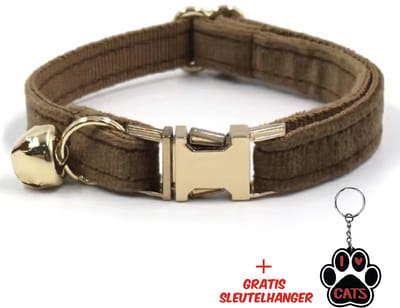 SilverAndCoco® - Bruine Katten Halsband met Bel met Gratis Sleutelhanger | Velvet Kat Kitten Bandje met belletje | Kattenhalsband Suède Gouden | Kleding Decoratie | Kattenbandje Huisdier - Bruin / Goud