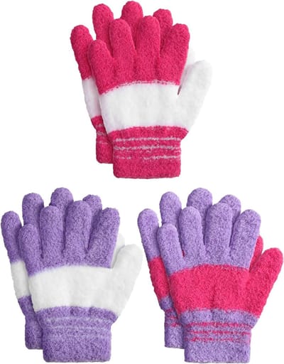 Knitted Kinderhandschoenen voor Jongens en Meisjes - Warme, Rekbare en Comfortabele Handschoenen voor 4-7 Jaar (Paars, Roze, Wit)