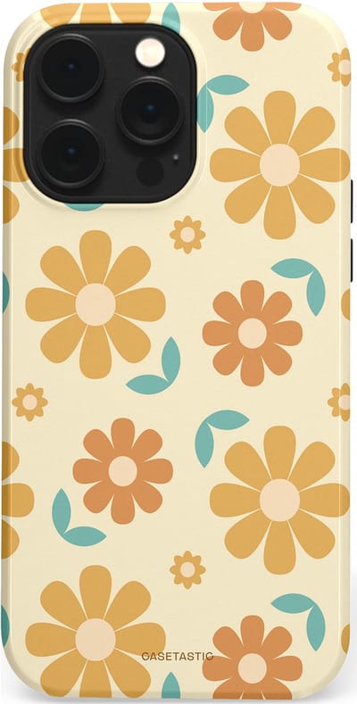 Casetastic hoesje geschikt voor Apple iPhone 14 Pro Max - MagSafe - Dubbellaagse bescherming - Flower power Retro Bloemen - Geel - Oranje - Blauw - Fashion Case - Crème Goud Perzik