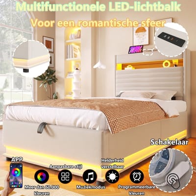 VVBV Gestoffeerd Opbergbed 90x200 cm - Hydraulische Opbergruimte, App-bediening, USB-C - Linnen Beige - Zonder Matras