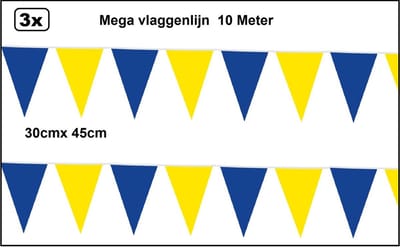 3x Mega vlaggenlijn blauw/geel 30cm x 45cm 10 meter - Reuze vlaggenlijn - vlaglijn mega thema feest verjaardag optocht festival