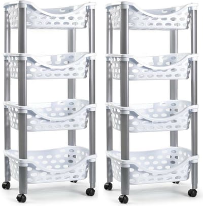 Plasticforte trolley - 2x - keukentrolley op wieltjes - 4-laags - wit - kunststof - 40 x 88 cm - opbergtrolley