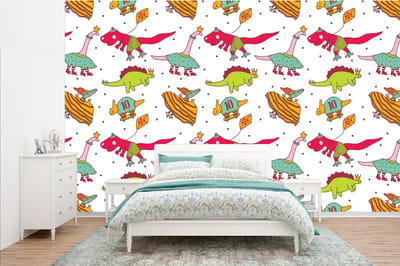 Behang - Fotobehang Patronen - Dino - Kleuren - Jongens - Kinderen - Kids - Kind - Breedte 385 cm x hoogte 240 cm