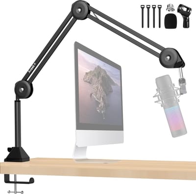 Overheadmicrofoonarm, bureaumicrofoonstandaard Microfoonhouder met verwijderbare stijgbeugelklem 3/8"-5/8" adapter Microfoonclip Kabelbinderfilter