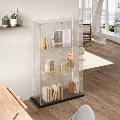Glazen Vitrinekast met 3 Lagen en LED-Verlichting – Displaykast met Zwart Onderpaneel, 78.5 cm – Stevige Glasplanken, Eenvoudige Montage