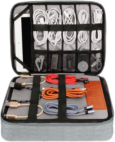 Reisorganizer voor Elektronica en Kabels - Kabelopberger, Accessoire Tas en Oplaadkabel Organizer - Grijs 28.5 x 23 x 6 cm