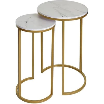 Set van 2 bijzettafels MCW-K46, salontafel nachtkastje loungetafel, marmeren look MDF ~ wit-goud
