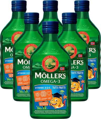 Möller's Omega-3 Levertraan Tutti Frutti - 6 x 250ml - Omega-3 visolie voor kinderen - Levertraan vloeibaar – Levertraan met fruitsmaak
