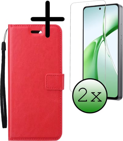 Hoesje Met 2x Screenprotector - Geschikt voor OnePlus Nord CE4 - Luxe Pasjeshouder - Bookcase Portemonee - Flip Case - Kunstleer Book Case - Flipcase Hoes - Book Cover - Walletcase - Portemonneehoes - Rood