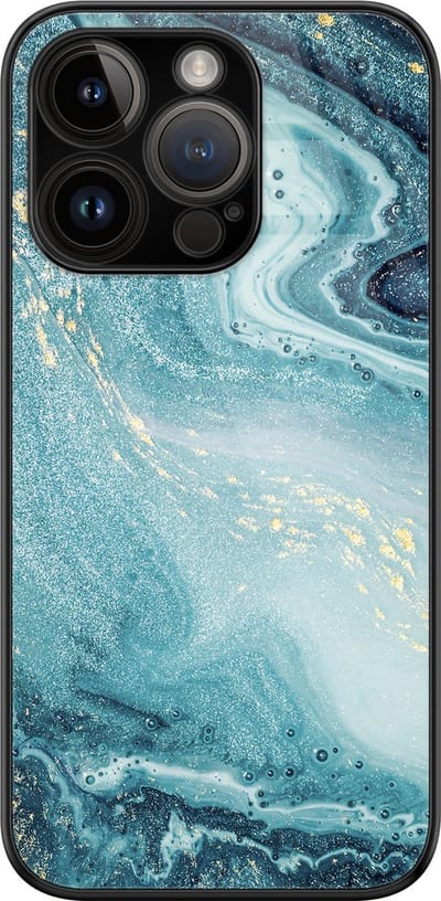 Hoesje geschikt voor iPhone 14 Pro - Marmer blauw - Luxe Glazen Hardcase - Marmer - Blauw - Leuke Telefoonhoesjes