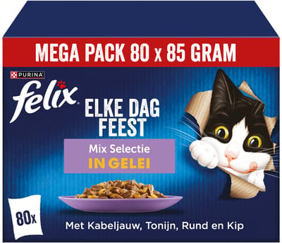 Felix Elke Dag Feest mixed Selectie - Kattenvoer Natvoer - Kabeljauw, Zalm, Rund & Kip - 80 x 85 g