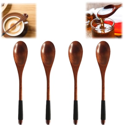 4 stuks - Natuurlijke houten lepel - Japans servies met lange steel - Dinerservies - Herbruikbare houten lepel - Koreaanse houten rijstlepel - Voor kamperen, buitenkeuken, koken - 22,5*4 cm