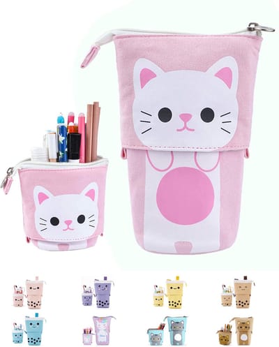 LIXIN Staande Etui - Roze Kat - Pennenzak voor jongens en meisjes - Canvas - Linnen - School etui - Staande etui voor kinderen en volwassenen - School - Terug naar school - Back to school - Leuke telescopishe pennenhouder - Leuk etui - Gift - Cadeau